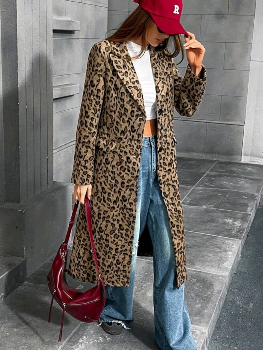 Leopard Print Long Trench Coat - Brown & Black - Picture 5 of 8